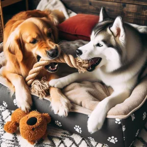 כלב גדול וכלב קטן משחקים על מיטת כלבים