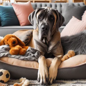 כלב דני ענק גדול במיוחד על מיטת כלבים