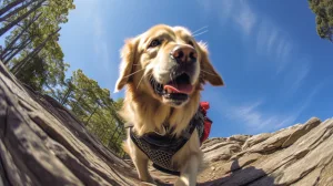 כלב גולדן עם רתמה לכלב בטבע