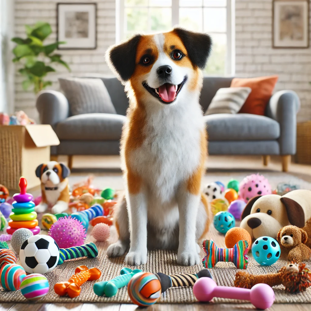 dog surrounded by a variety of colorful dog toys כלב חמוד יושב עם הרבה צעצועים לכלבים סביבו